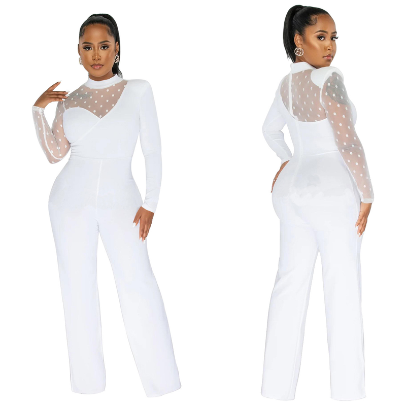 Women's Clothing fashion women's polka dot mesh see-through long-sleeved trousers solid color jumpsuit_voghion.com