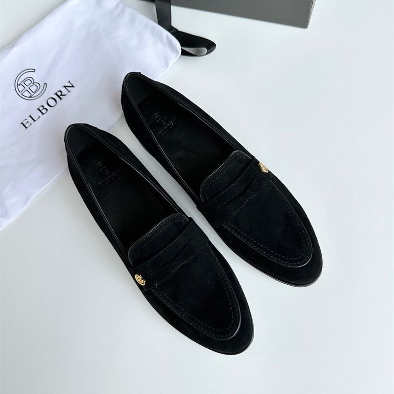 Mocassini da donna in pelle scamosciata con punta tonda e tacco spesso, stile britannico, modello di nicchia, versione coreana, modello ELBORN, marrone_voghion.com