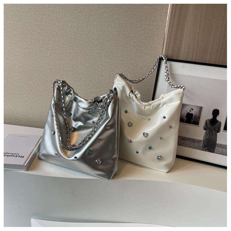 Bolso de basura con cadena para mujer, bolso de hombro sencillo que combina con todo, lleno de diamantes, bolso de mano de alta gama, 2023_voghion.com