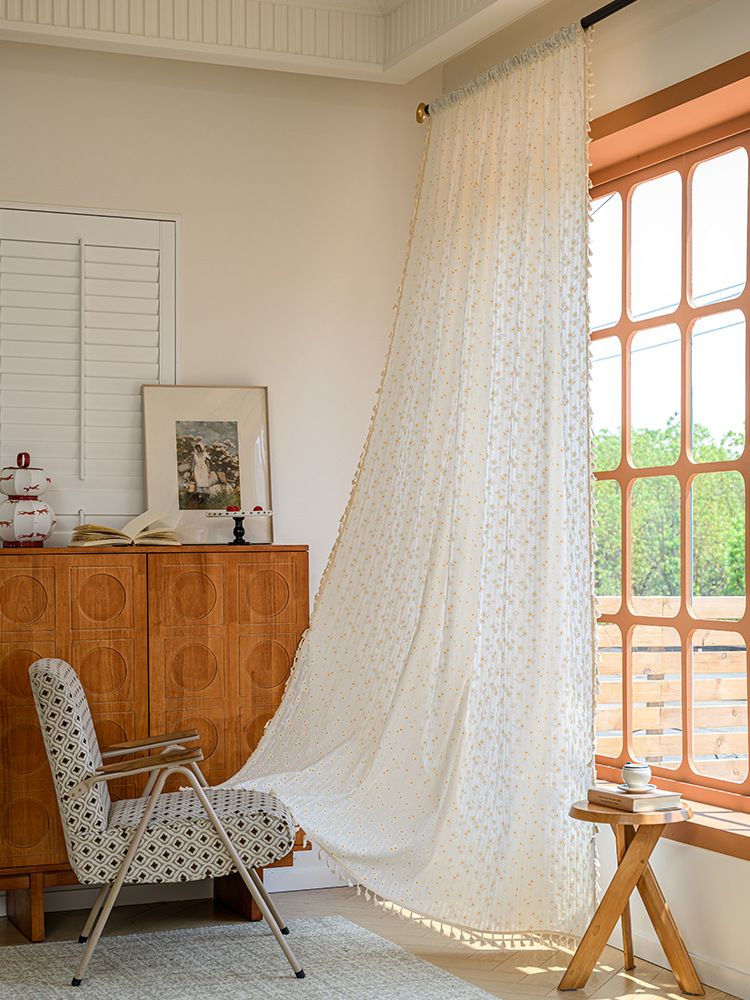 Cortinas de algodón semitransparentes de estilo japonés, sin perforaciones, con ganchos y ojales, con estampado floral bohemio y garabatos para sala de estar y dormitorio._voghion.com