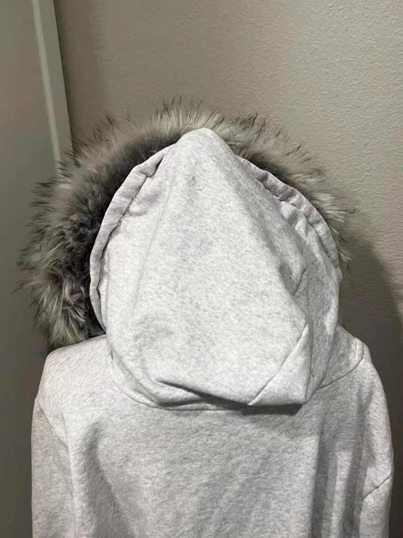 Nuovo cappello di pelliccia hip-hop di tendenza giovanile, giacca con cappuccio e cerniera foderata in pile, cardigan grigio_voghion.com
