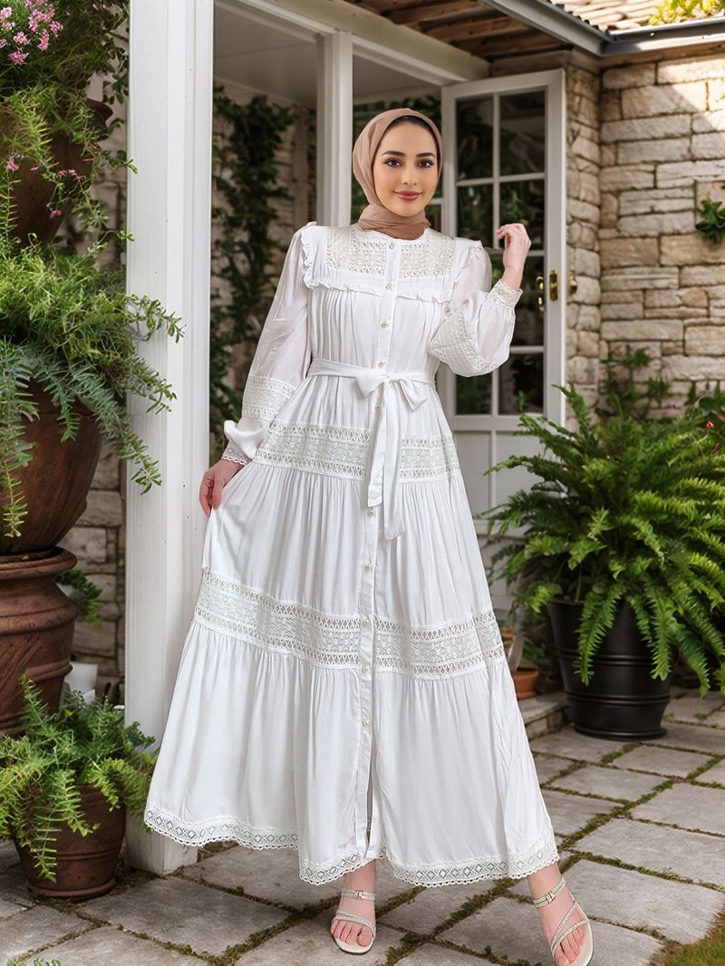 Dameskleding Lange rok Moslim dames kant holle stiksels houten oorrand staande kraag jurk_voghion.com