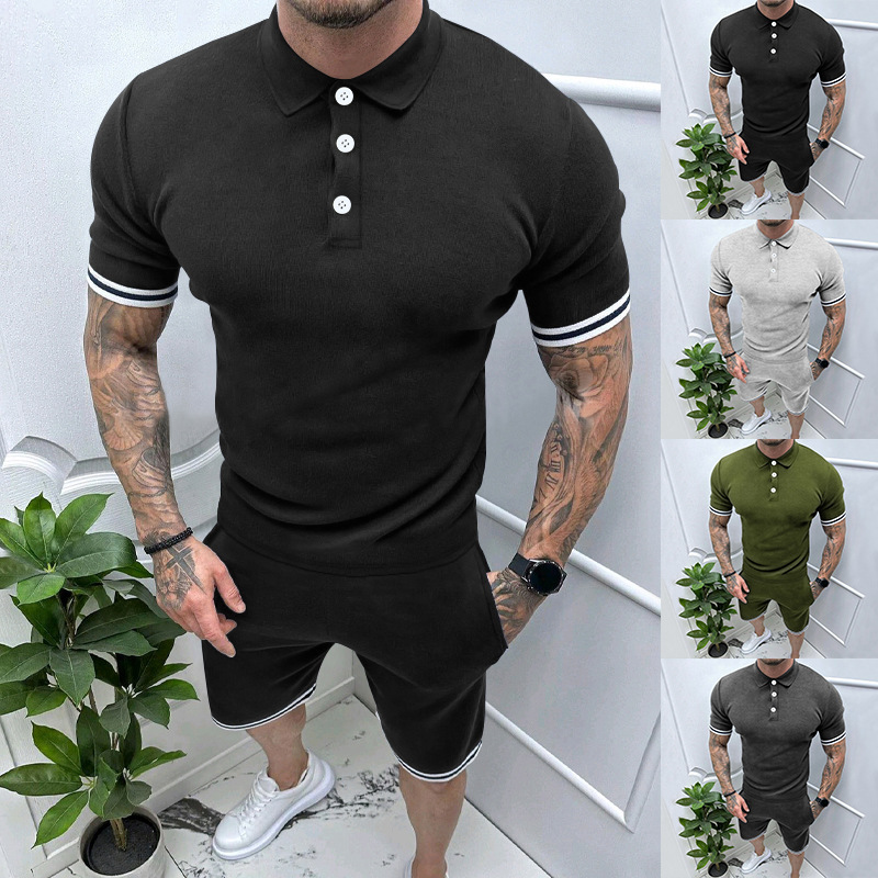 Herrenbekleidung Sommer Herren Kurzarm Shorts Zweiteiliger Revers T-Shirt Anzug Herren_voghion.com