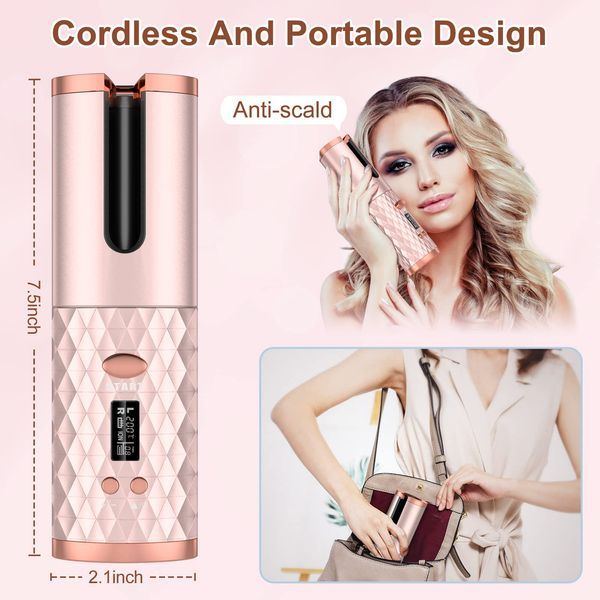 Portable Automatic Hair Curler, Ceramic Rotating Wireless Auto Curling Iron Wand, Portable USB Rechargeable Spin Curler For Hair Styling_voghion.com