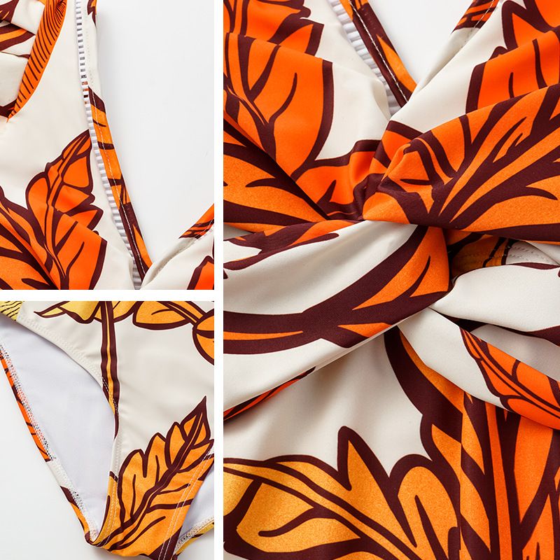 Roupa de banho feminina nova camada de ar babados maple leaf print praia férias maiô de uma peça terno_voghion.com