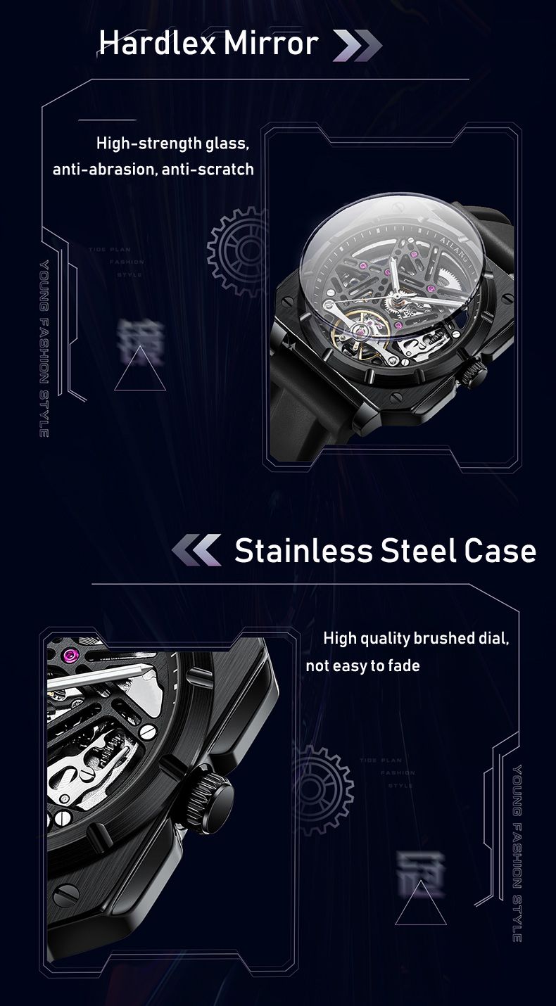 AILANG Square Skeleton Dial Mechanical Watches Automatic Mens Watches Luxury Original Rubber Tourbillon Clock Watch For Men_voghion.com
