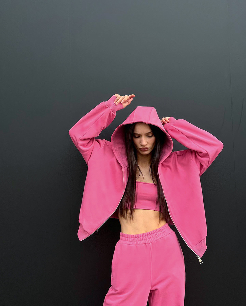 Sweat à capuche à la mode pour femmes, ensemble deux pièces en molleton rose et pantalon à capuche_voghion.com