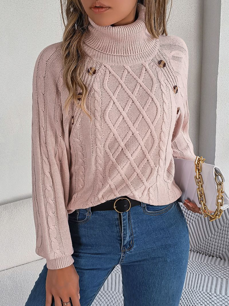 Maglione pullover da donna alla moda, con collo alto, maniche a lanterna, in maglia a trecce, casual, tinta unita, autunno inverno 2025_voghion.com