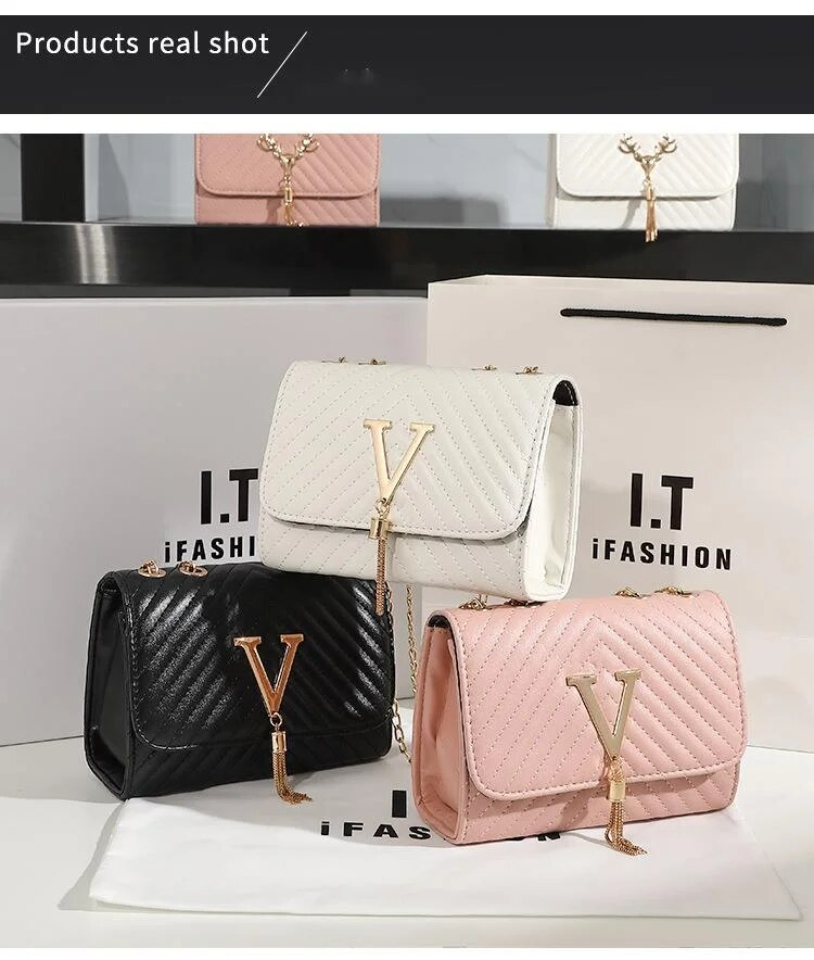 Sac à bandoulière brodé à rayures pour femmes, nouvelle mode, décoration de pompon en forme de V, sac à bandoulière polyvalent à la mode_voghion.com