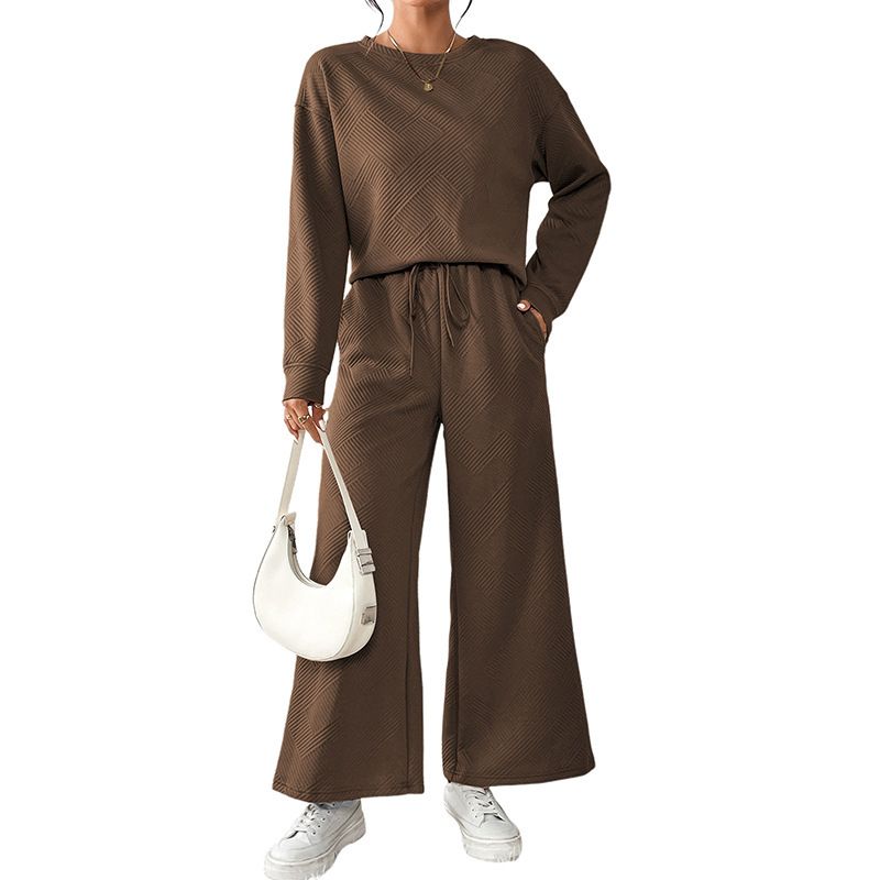 Terno casual solto simples de cor sólida, outono inverno, novo, texturizado, com cordão, roupa esportiva para mulheres, 2025_voghion.com
