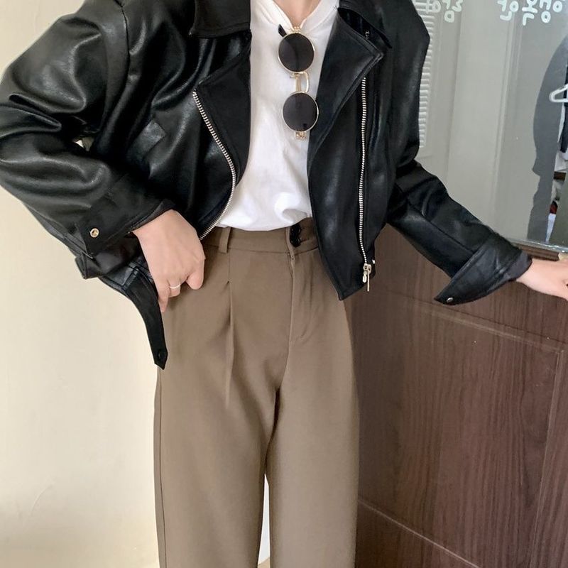 European Style For Women, Fleece-Lined, Autumn New Style, Elegant Turn-Down Collar, Petite Short PU Leather Slimming_voghion.com