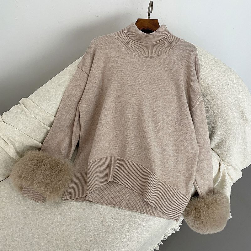 Damenbekleidung Heißer Verkauf Damen Herbst und Winter neuer verdickter hochgeschlossener lockerer Strickpullover mit abnehmbaren Manschetten aus echtem Fuchs_voghion.com