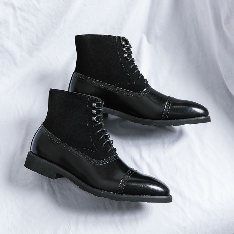 Herren Winterkleid Business Formal Casual Brogue Italienische Designerschuhe Schwarze Stiefeletten aus Spaltleder Schuhe für Männer_voghion.com