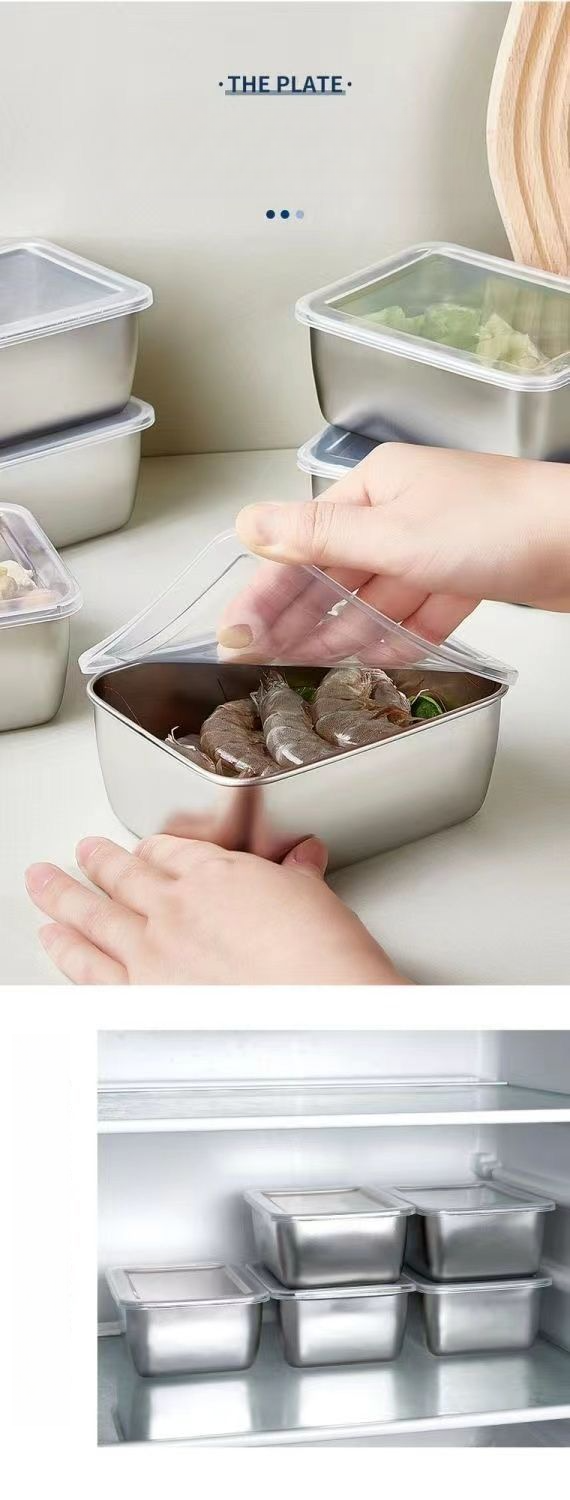 Stainless Steel Food Storage Container Small Square Kitchen Basin Luncheon Meat With Lid Freezing Divider Box Frozen_voghion.com