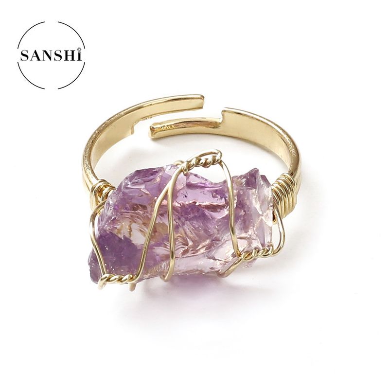 Anello in pietra naturale, anello mobile, pietra grezza irregolare in ametista e cristallo bianco, anello regolabile a carica manuale_voghion.com