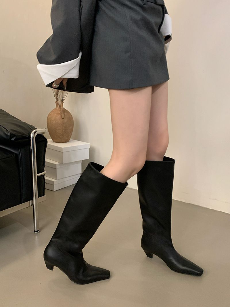 Chaussures pour femmes, bottes rétro, printemps, nouveau tube large, bottes de chevalier en cuir souple pour femmes, bottes fines à talon bas, pas au-dessus du genou_voghion.com