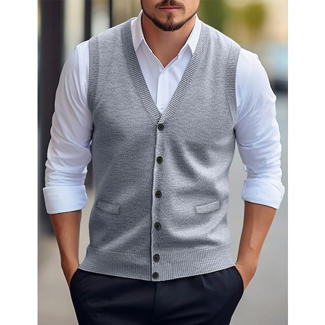 Herrenweste im Slim Fit aus Wollmischung, lässige ärmellose Strickjacke für alle Jahreszeiten, zweireihige Weste mit V-Ausschnitt in Unifarben_voghion.com