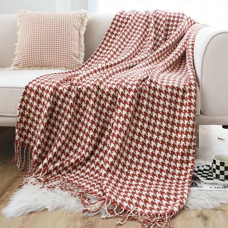 Asciugamano da letto di lusso classico con motivo pied de poule, modello di camera, coperta decorativa, coperta per divano, coperta per pisolino, aria condizionata_voghion.com