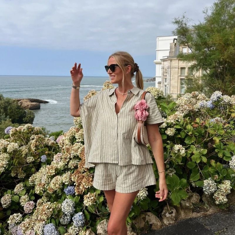 Ensemble 2 pièces à rayures et revers pour femme, haut taille haute plissé à manches longues et simple boutonnage, tenue d'été décontractée_voghion.com