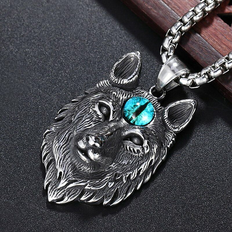 Mens Spiritual Evil Eye Wolf Head Pendant Necklace Stainless Steel Chain Punk Retro Vintage Cool Father's Day Dad Gift_voghion.com