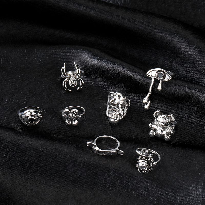 Personalisiertes übertriebenes Augen-, Tränen-, Spinnenpuppen-, Totenkopf-, lächelndes Gesicht- und Blumenset mit 8 Ringen_voghion.com