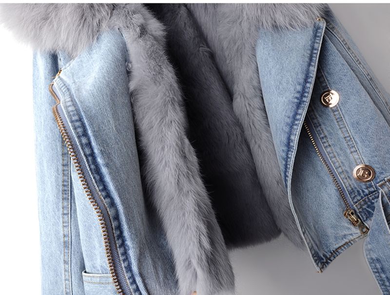 Giacca corta da donna in denim di piccole dimensioni, alla moda, con collo in pelliccia di volpe e fodera in pelliccia di coniglio, stile autunno e inverno_voghion.com