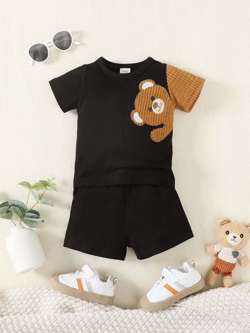 Kinderkleidung Einfarbiger Anzug mit Applikation und Bärenstickerei_voghion.com