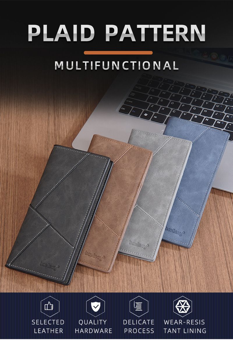 BAELLERRY New Men's Long Wallet With 17 Card Slots, Tri-Fold Design, Minimalist Business Style, Zippered Bill Compartment_voghion.com