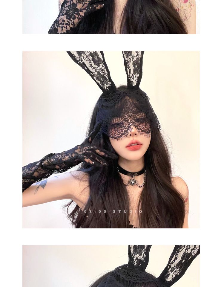 Cattura il coniglietto Ins Internet Famous Sexy Maschera per gli occhi in pizzo con velo e orecchie di gatto alle 3 del mattino_voghion.com