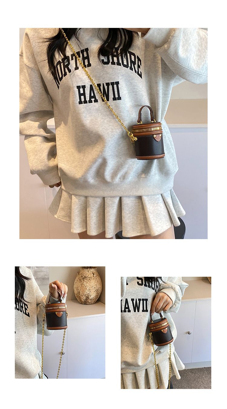 Borsa a secchiello da donna, mini borsa a secchiello rotonda con contrasto di colore, stile per famiglie, da portare a mano, piccola borsa a tracolla color rossetto, da donna_voghion.com