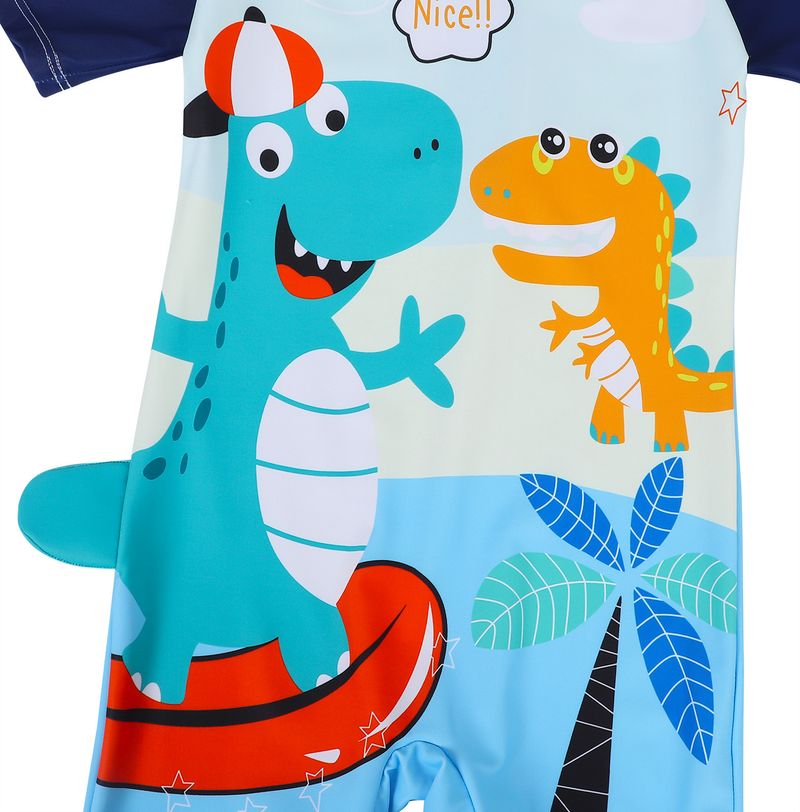 Mother & Kids summer children's clothing dinosaur print one-piece hooded swimsuit quick-drying breathable beach sunscreen baby swimsuit_voghion.com