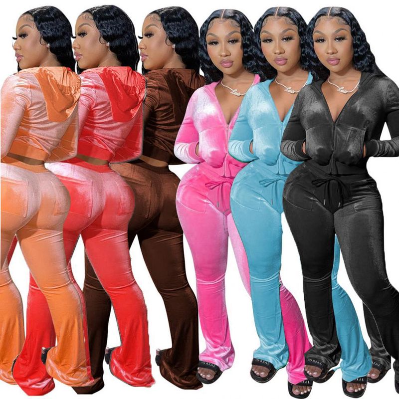 Ensemble sweat à capuche et pantalon large en velours pour femme – Ensemble deux pièces en élasthanne extensible, confortable et décontracté (noir/rose/bleu ciel, S-XXL)_voghion.com