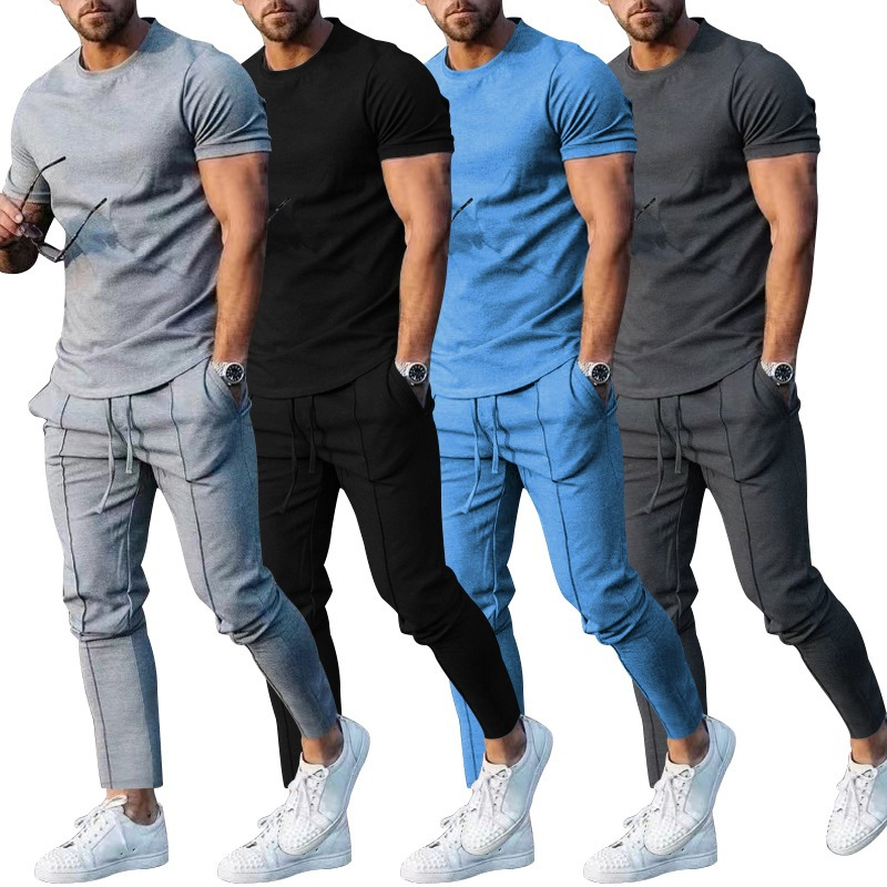 Men's Solid Color Casual Round Neck Short Sleeve Sports T Two-piece Suit_voghion.com