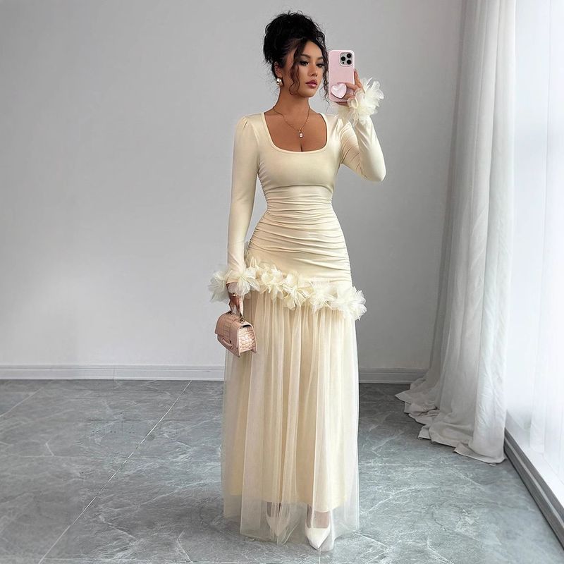 Abito a trapezio a vita alta in rete – Elegante abito a strati trasparente a maniche lunghe con orlo arricciato (S/M/L/XL, misto poliestere-spandex traspirante)_voghion.com