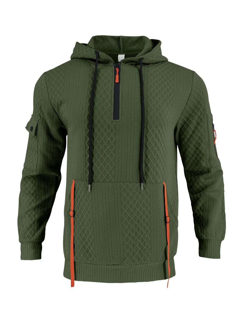 Herrenbekleidung – Kapuzenpullover mit Reißverschluss und Jacquard-Details – Streetwear-Pullover mit mehreren Taschen | Lässige Sportbekleidung in Weiß/Grau/Schwarz/Khaki/Armeegrün_voghion.com
