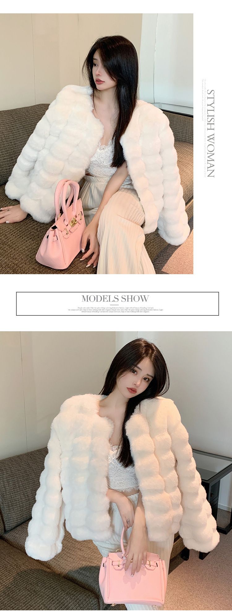 Women’s Faux Fur Jacket – Winter Luxe Short Coat With Plush Rabbit-Like Texture (S-XL, Cream/Black, 3D Embossed, Office-to-Outing Versatile)_voghion.com