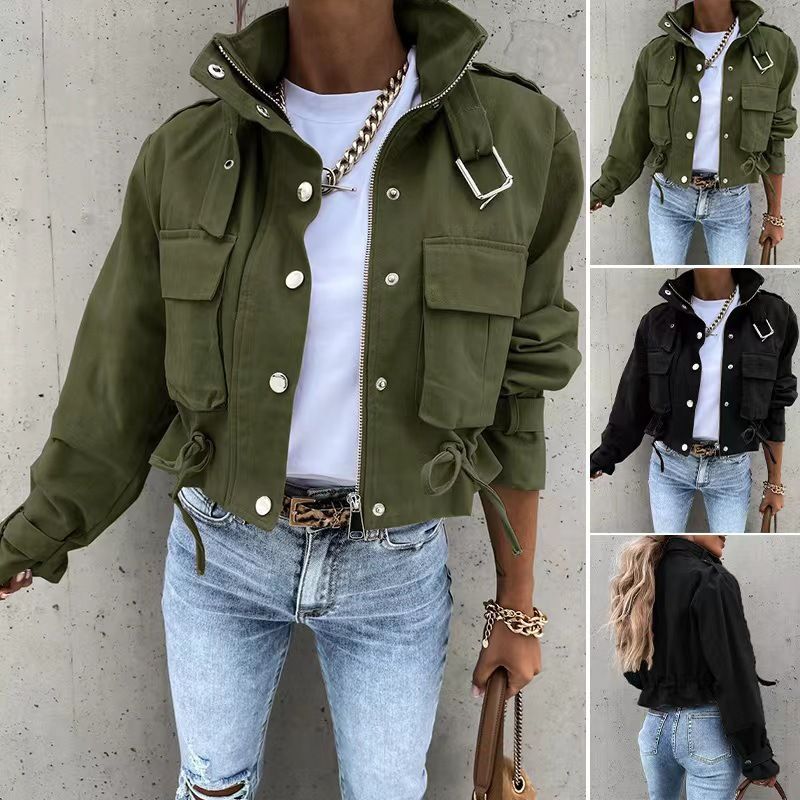 Damenbekleidung, stilvolle, britisch inspirierte Arbeitsjacke mit Kordelzug – langärmliger Freizeitmantel für Herbst und Winter (Khaki-Print, Armeegrün, Schwarz)_voghion.com