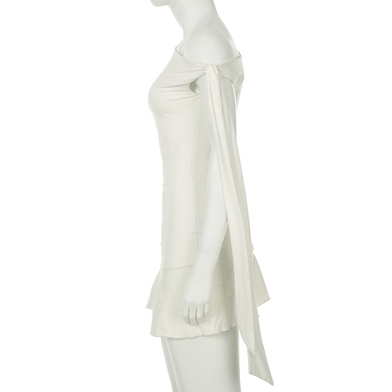 Abito da donna Fengins alla moda, tinta unita, con scollo obliquo, spalle scoperte, senza maniche e irregolare_voghion.com