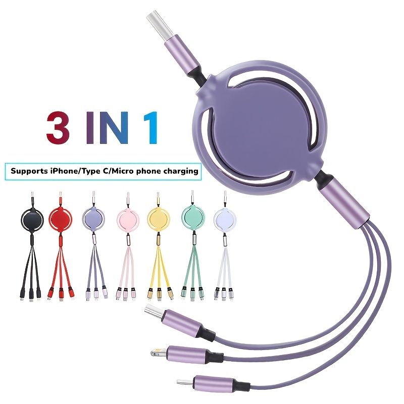 3-in-1 Retractable USB Cable, Flat Silicone, Universal Compatibility With FoiPhone Android Type-C Micro USB Portable Charger For Flat & Matte Finish_voghion.com