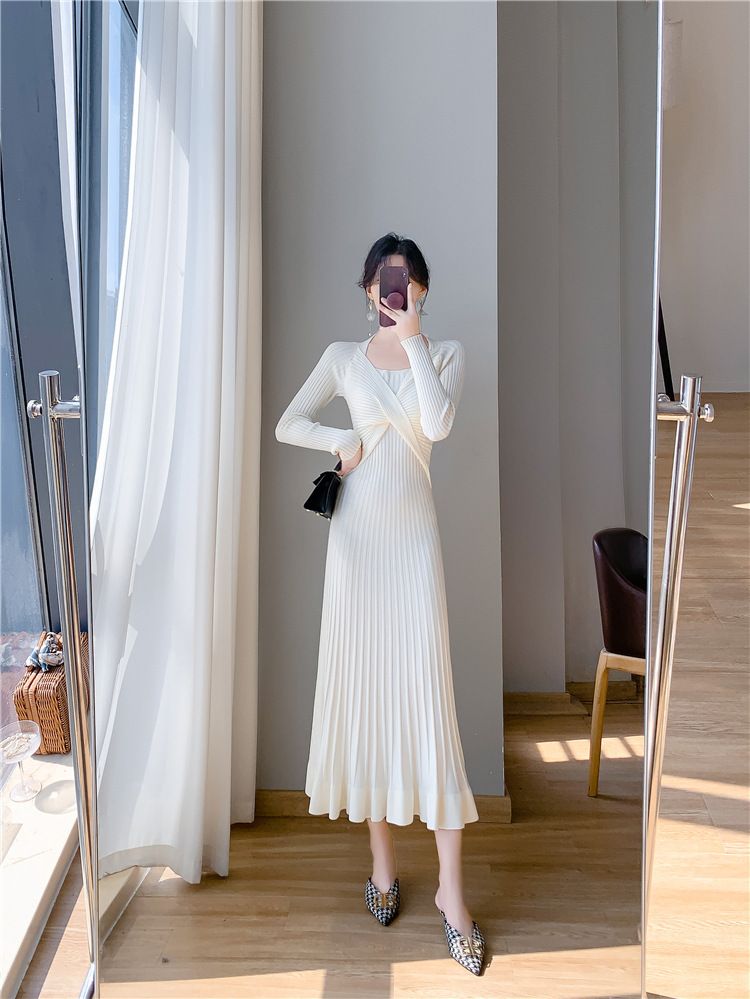 Robe moulante longue style français en tricot pour femme, automne et hiver, à porter avec un manteau, une sous-couche ou une robe sirène._voghion.com