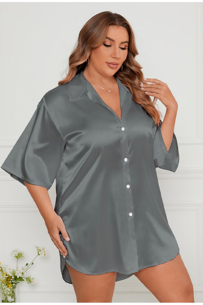 Large Size Ice Silk Nightdress Women's Loose Short Sleeve Shirt Skirt Loungewear Women's_voghion.com
