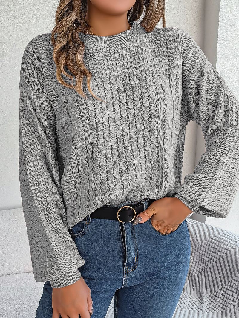 Maglione pullover casual con maniche a lanterna intrecciate, tinta unita, autunno e inverno 2023, moda donna_voghion.com