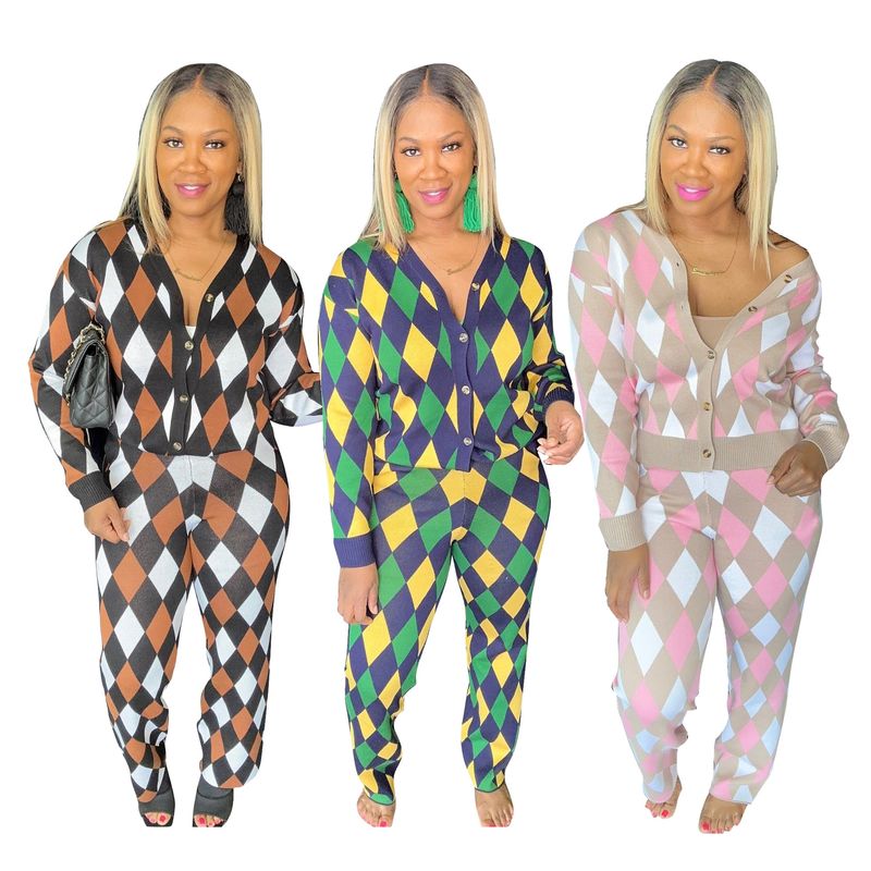 TS1283 novi ženski ležerni karirani pleteni dvodijelni set_voghion.com