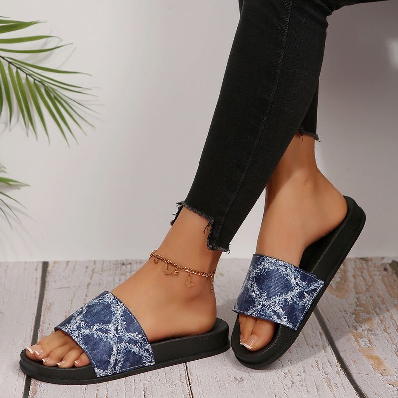 Women’s Shoes Large Size Thick Soled Printed Flip Flops For Women Outdoor Wear Denim Open Toed Lightweight Beach Sandals_voghion.com