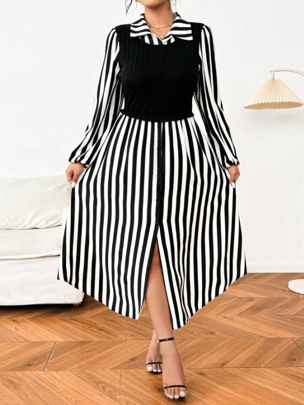 Abito a camicia a righe taglie forti con colletto – Elegante abito a trapezio bianco e nero per donna_voghion.com