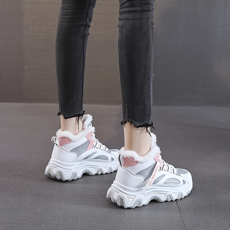 Scarpe da ginnastica casual da donna, scarpe da ginnastica robuste con suola spessa color block, scarpe da corsa antiscivolo foderate in peluche caldo_voghion.com