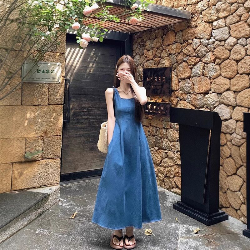 Blue Mist Love French Cowboy Dress For Women's Summer, With A Niche Design Sense, Waist Cinching Temperament, Suspender_voghion.com