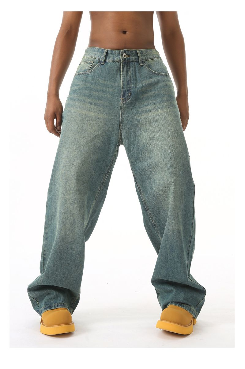 EF JEANS | 2024 New American Personality Retro Old Gradual Change Loose Wide Leg Jeans Men Old Green_voghion.com