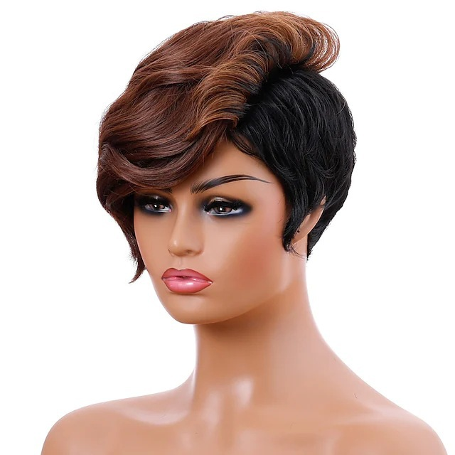 Synthetische Perücke für Damen, modisch, schwarz, braun gemischt, leicht gelockt, kurzes, glattes Haar, Kunstfaser-Mechanismus-Kapuze_voghion.com