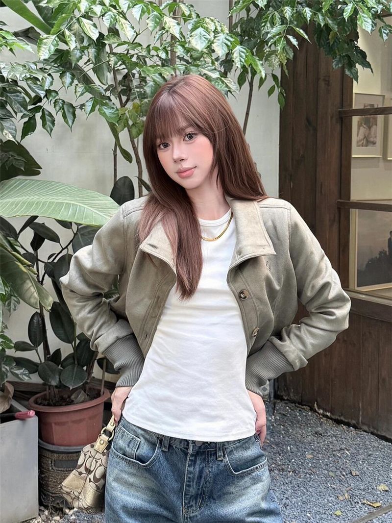 Wildleder im amerikanischen Stil mit Stehkragen für Damen, Herbst 2025, neues lockeres Design, schmale Passform, kurzes Jackenoberteil_voghion.com